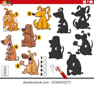Cartoon illustration of finding the right shadows to the pictures educational activity with dogs animal characters