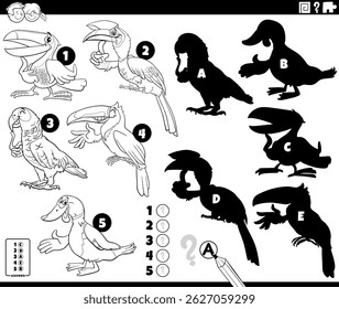 Cartoon illustration of finding the right shadows to the pictures educational puzzle with birds animal characters coloring page