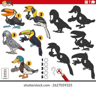Cartoon illustration of finding the right shadows to the pictures educational puzzle with birds animal characters