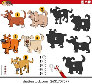 Cartoon illustration of finding the right shadows to the pictures educational puzzle with dogs animal characters