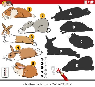 Ilustración de dibujos animados de encontrar las sombras adecuadas para las imágenes rompecabezas educativo con conejitos personajes de animales