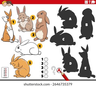 Cartoon illustration of finding the right shadows to the pictures educational puzzle with rabbits animal characters