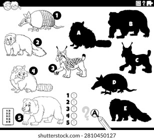 Cartoon illustration of finding the right shadows to the pictures educational puzzle with wil animal characters coloring page