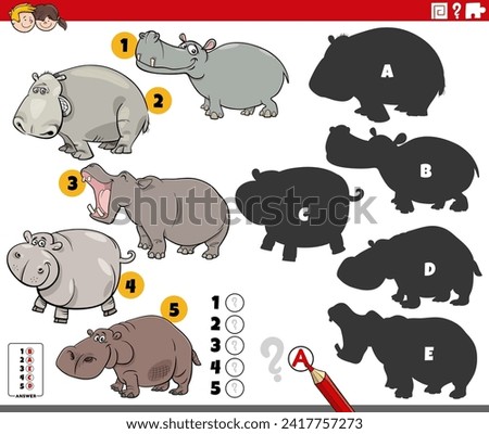 Cartoon illustration of finding the right shadows to the pictures educational activity with hippos animal characters