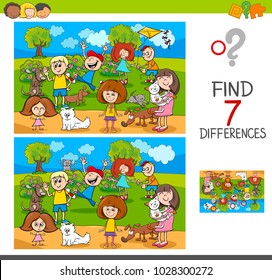 Cartoon Illustration of Finding Seven Differences Between Pictures Educational Activity Game for Kids with Children and Pets Characters Group