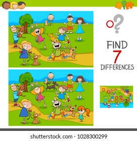 Cartoon Illustration of Finding Seven Differences Between Pictures Educational Activity Game for Kids with Happy Children and Pets Characters Group