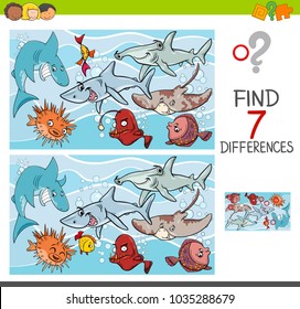 Cartoon Illustration of Finding Seven Differences Between Pictures Educational Activity Game for Kids with Fish Marine Animal Characters Group