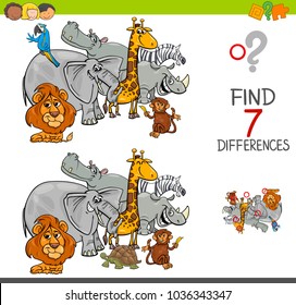 Cartoon Illustration of Finding Seven Differences Between Pictures Educational Activity Game for Kids with Safari Animal Characters Group