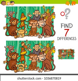 Cartoon Illustration of Finding Seven Differences Between Pictures Educational Activity Game for Kids with Monkeys Animal Characters Group