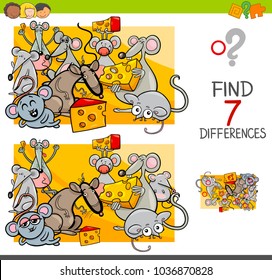 Cartoon Illustration of Finding Seven Differences Between Pictures Educational Activity Game for Kids with Mice Animal Characters Group