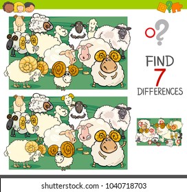 Cartoon Illustration of Finding Seven Differences Between Pictures Educational Activity Game for Kids with Sheep Farm Animal Characters Group