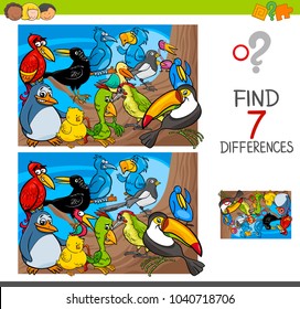 Cartoon Illustration of Finding Seven Differences Between Pictures Educational Activity Game for Kids with Birds Animal Characters Group