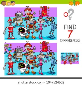 Cartoon Illustration of Finding Seven Differences Between Pictures Educational Activity Game for Kids with Robot Characters Group