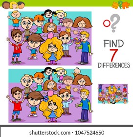 Cartoon Illustration of Finding Seven Differences Between Pictures Educational Activity Game for Kids with Children Characters Group