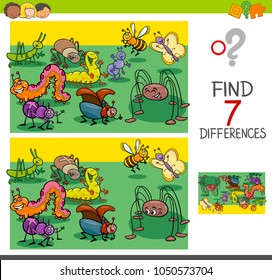 Cartoon Illustration of Finding Seven Differences Between Pictures Educational Activity Game for Kids with Insects Animal Characters Group