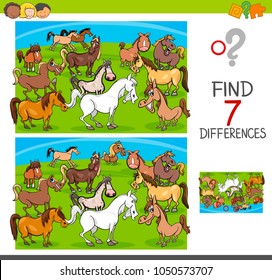 Cartoon Illustration of Finding Seven Differences Between Pictures Educational Activity Game for Children with Horses Farm Animal Characters Group