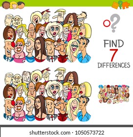 Cartoon Illustration of Finding Seven Differences Between Pictures Educational Activity Game for Children with People Characters Group
