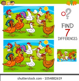 Cartoon Illustration of Finding Seven Differences Between Pictures Educational Activity Game for Children with Chickens and Roosters Farm Animal Characters Group