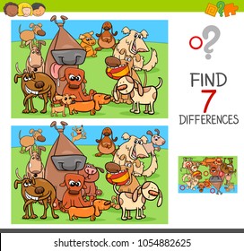 Cartoon Illustration of Finding Seven Differences Between Pictures Educational Activity Game for Children with Funny Dogs Animal Characters Group