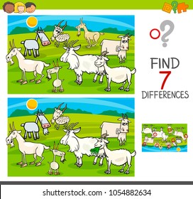 Cartoon Illustration of Finding Seven Differences Between Pictures Educational Activity Game for Children with Goats Farm Animal Characters Group