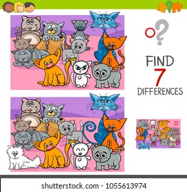 Cartoon Illustration of Finding Seven Differences Between Pictures Educational Activity Game for Children with Funny Cats Animal Characters Group
