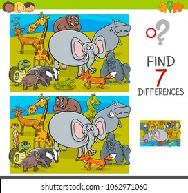 Cartoon Illustration of Finding Seven Differences Between Pictures Educational Activity Game for Children with Wild Animals Characters Group