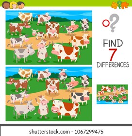 Cartoon Illustration of Finding Seven Differences Between Pictures Educational Activity Game for Children with Farm Cows Animal Characters Group