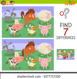 Cartoon Illustration of Finding Seven Differences Between Pictures Educational Activity Game for Children with Farm Animal Characters