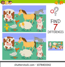 Cartoon Illustration of Finding Seven Differences Between Pictures Educational Activity Game for Children with Funny Farm Animals