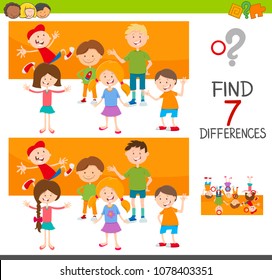 Cartoon Illustration of Finding Seven Differences Between Pictures Educational Activity Game for Children with Kids Characters Group