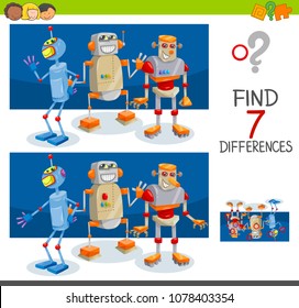 Cartoon Illustration of Finding Seven Differences Between Pictures Educational Activity Game for Children with Robot Characters Group