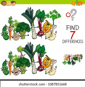 Cartoon Illustration of Finding Seven Differences Between Pictures Educational Activity Game for Kids with Vegetables Food Characters Group