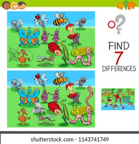 Cartoon Illustration of Finding Seven Differences Between Pictures Educational Game for Children with Insects Animal Characters