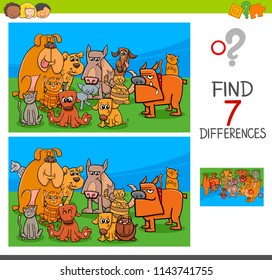 Cartoon Illustration of Finding Seven Differences Between Pictures Educational Game for Children with Dogs and Cats Animal Characters Group
