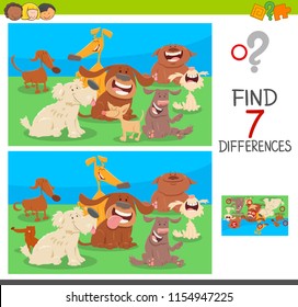 Cartoon Illustration of Finding Seven Differences Between Pictures Educational Game for Children with Dog Characters