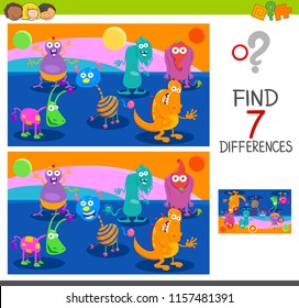 Cartoon Illustration of Finding Seven Differences Between Pictures Educational Game for Children with Monster Characters