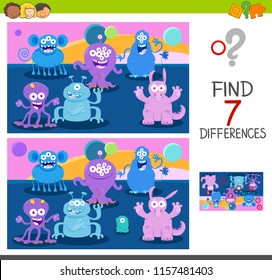 Cartoon Illustration of Finding Seven Differences Between Pictures Educational Game for Children with Cute Monster Characters