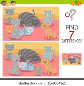 Cartoon Illustration of Finding Seven Differences Between Pictures Educational Game for Children with Cat Characters