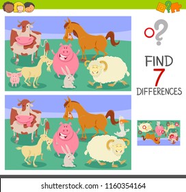 Cartoon Illustration of Finding Seven Differences Between Pictures Educational Game for Children with Farm Animals Characters
