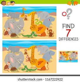 Cartoon Illustration of Finding Seven Differences Between Pictures Educational Puzzle Game for Kids with Animal Characters