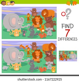 Cartoon Illustration of Finding Seven Differences Between Pictures Educational Puzzle for Children with Animal Characters