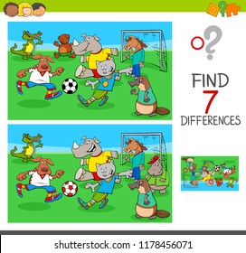 Cartoon Illustration of Finding Seven Differences Between Pictures Educational Game for Children with Soccer Players Animal Characters