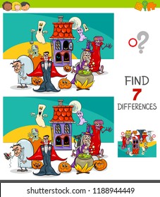 Cartoon Illustration of Finding Seven Differences Between Pictures Educational Game for Children with Spooky Halloween Characters