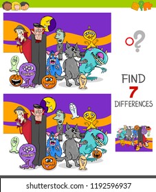 Cartoon Illustration of Finding Seven Differences Between Pictures Educational Game for Children with Scary Halloween Characters
