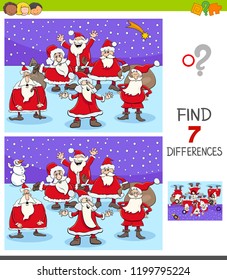 Ilustración de la búsqueda de siete diferencias entre imágenes de juego educativo para niños con personajes de Navidad de Santa Claus