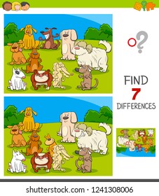 Cartoon Illustration of Finding Seven Differences Between Pictures Educational Game for Children with Dog Characters Group