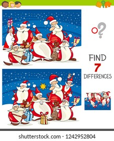 Cartoon Illustration of Finding Seven Differences Between Pictures Educational Game for Kids with Santa Claus Christmas Characters