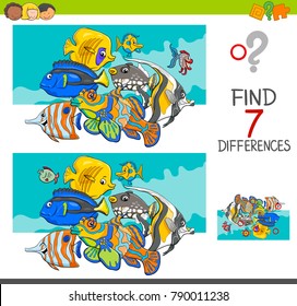 Cartoon Illustration of Finding Seven Differences Between Pictures Educational Activity Game for Kids with Fish Animal Characters Group