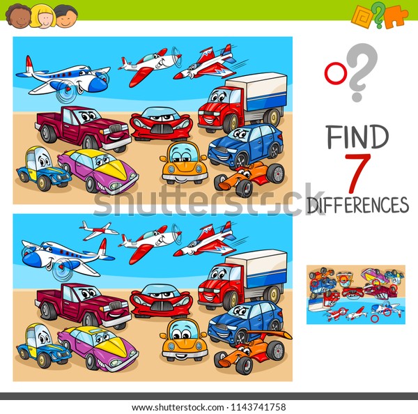 Cartoon Illustration of Finding Seven\
Differences Between Pictures Educational Game for Children with\
Transportation Vehicles\
Characters
