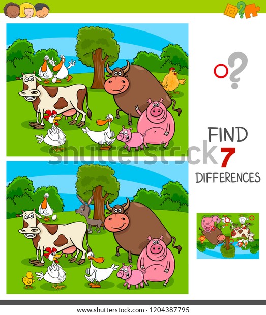 絵と絵の7つの違いを見つける漫画のイラスト 動物のキャラクターと子ども向けの教育ゲーム のベクター画像素材 ロイヤリティフリー